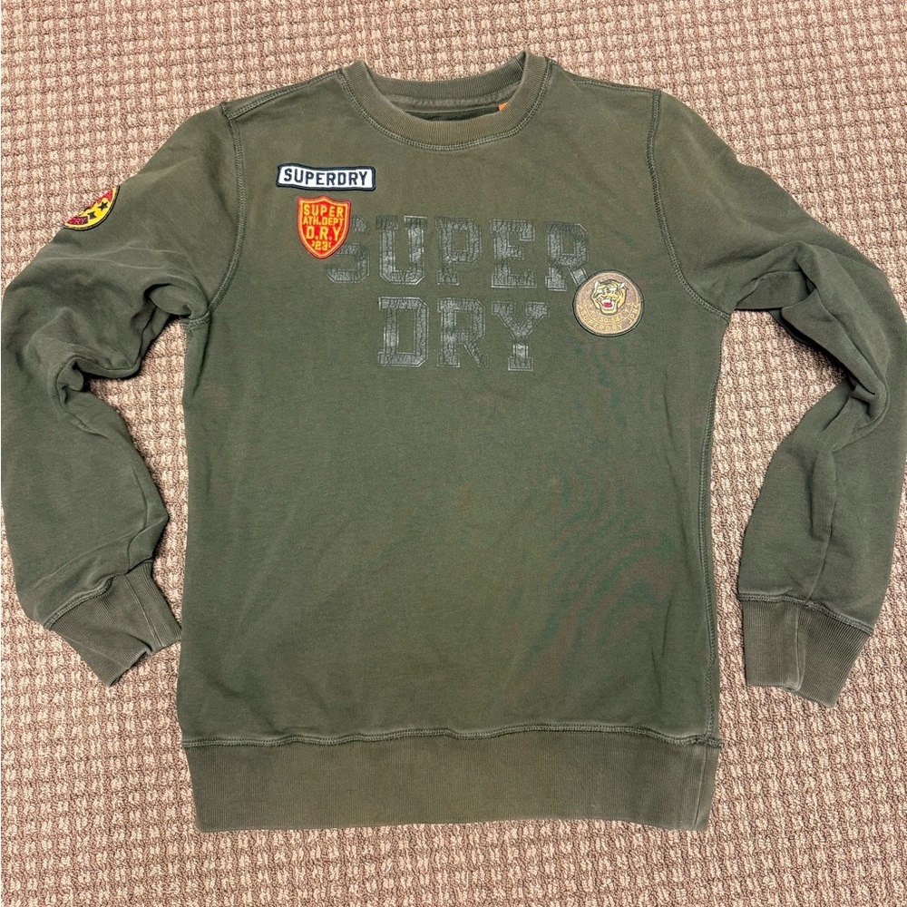Superdry Men's Olive Crewneck Sweatshirt with Patches Sz L